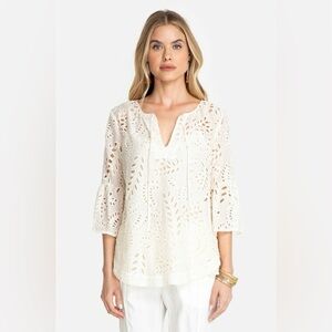 Johnny Was Jade Bianka Cream Lace Eyelet Blouse Silk Cotton Blend XS
